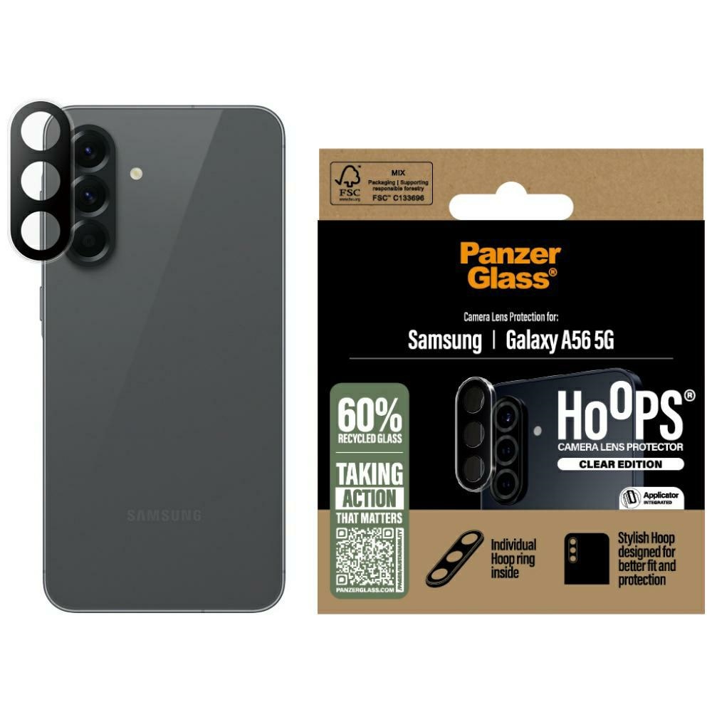 PanzerGlass Hoops Lens Protector do Samsung Galaxy A56 5G- szkło hartowane na obiektyw. Solidna metalowa ramka zapewnia ochronę przed upadkami, zarysowaniami i uderzeniami. Transparentna konstrukcja nie zaburza wyglądu telefonu.